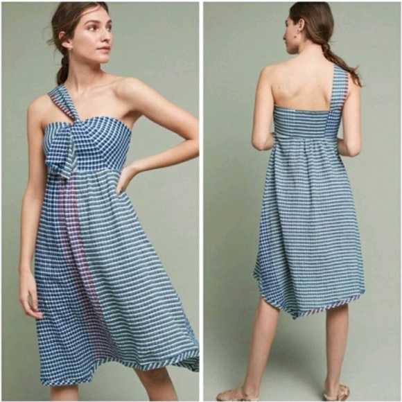 Anthropologie Maeve Waverly Gingham Dress size 10 One Shoulder Midi Blue White - Picture 1 of 15